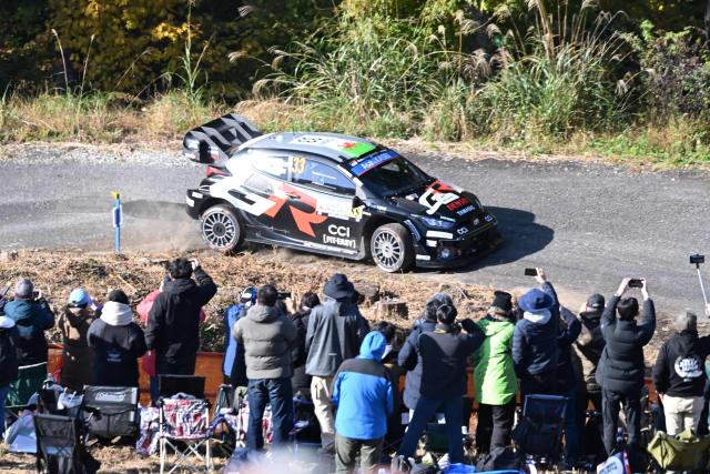 Adrien Fourmaux and his co-driver Alexandre Coria of France drive their Hyundai i20 N Rally1 during the SS9 Ena section of the Rally Japan, the 13th round of FIA World Rally Championships, in Ena city, Gifu prefecture on November 8, 2025. (Photo by Toshifumi KITAMURA / AFP)