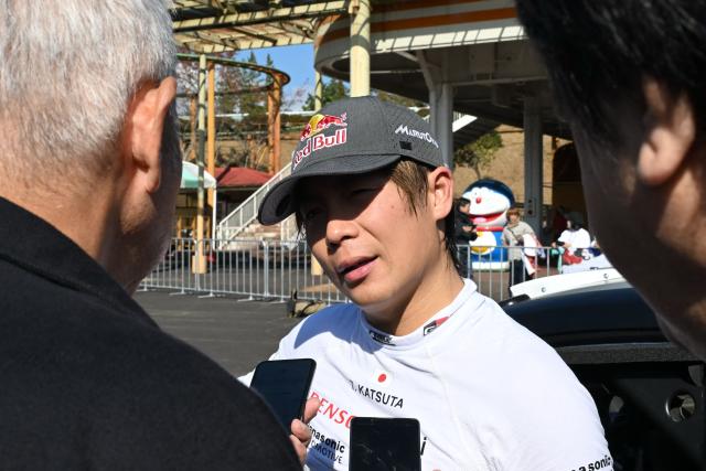 Takamoto Katsuta of Japan arrives at the Enakyo park for Regroup during the Rally Japan, the 13th round of the FIA World Rally Championships in Nakatsugawa city, Gifu prefecture on November 8, 2025. (Photo by Toshifumi KITAMURA / AFP)