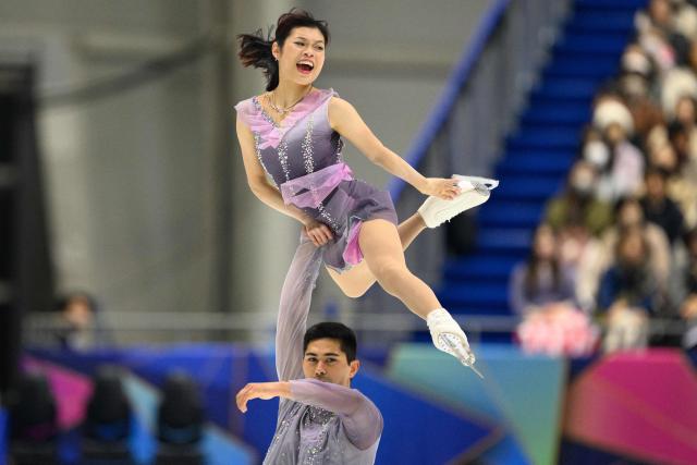 USA's Emily Chan and Spencer Akira Howe compete in the pairs free skating during the NHK Trophy figure skating competition in Kadoma City, Osaka Prefecture on November 8, 2025. (Photo by Philip FONG / AFP)