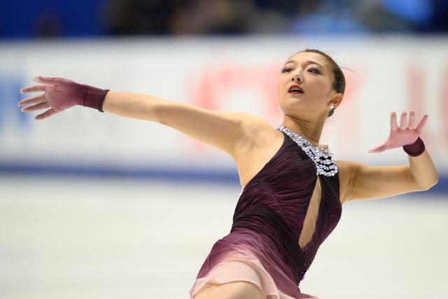 Japan's Kaori Sakamoto competes in the women's free skating during the NHK Trophy figure skating competition in Kadoma City, Osaka Prefecture on November 8, 2025. (Photo by Philip FONG / AFP)
