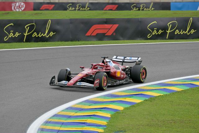 Ferrari's Monegasque driver Charles Leclerc drives during the formation lap ahead of the sprint of the Sao Paulo Formula One Grand Prix at the Jose Carlos Pace racetrack, aka Interlagos, in Sao Paulo, Brazil on November 8, 2025. (Photo by Nelson ALMEIDA / AFP)