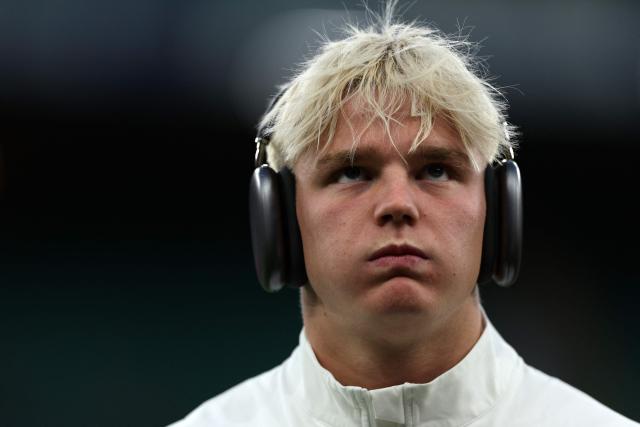 England's Henry Pollock checks out the conditions ahead of the Autumn Nations Series international rugby union match between England and Fiji at Allianz Stadium, Twickenham, in south-west London, on November 8, 2025. (Photo by Adrian Dennis / AFP)