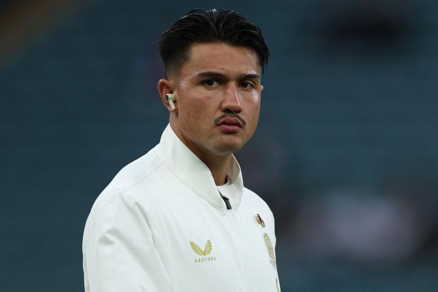 England's full-back Marcus Smith checks out the conditions ahead of the Autumn Nations Series international rugby union match between England and Fiji at Allianz Stadium, Twickenham, in south-west London, on November 8, 2025. (Photo by Adrian Dennis / AFP)