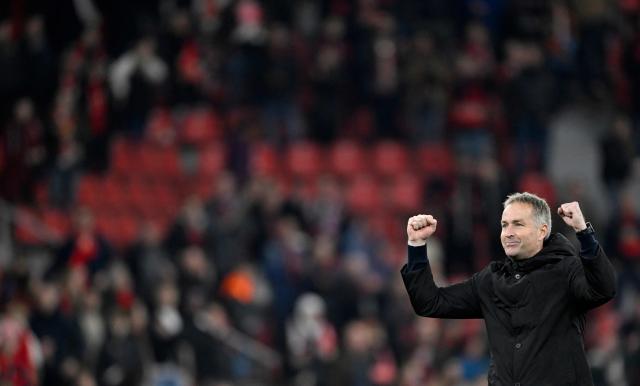 Bayer Leverkusen's Danish head coach Kasper Hjulmand reacts after the German first division Bundesliga football match between Bayer Leverkusen and 1 FC Heidenheim in Leverkusen, western Germany on November 8, 2025. (Photo by INA FASSBENDER / AFP) / DFL REGULATIONS PROHIBIT ANY USE OF PHOTOGRAPHS AS IMAGE SEQUENCES AND/OR QUASI-VIDEO