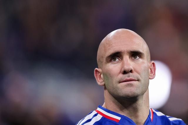 France's  scrum-half #22 Maxime Lucu looks on after the Autumn Nations Series international rugby union test match between France and South Africa at the Stade de France in Saint-Denis, Paris' suburb, on November 8, 2025. (Photo by Anne-Christine POUJOULAT / AFP)