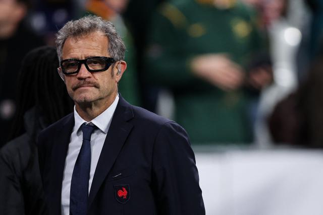 France's head coach Fabien Galthie looks on at the end of the Autumn Nations Series international rugby union test match between France and South Africa at the Stade de France in Saint-Denis, Paris' suburb, on November 8, 2025. (Photo by Anne-Christine POUJOULAT / AFP)
