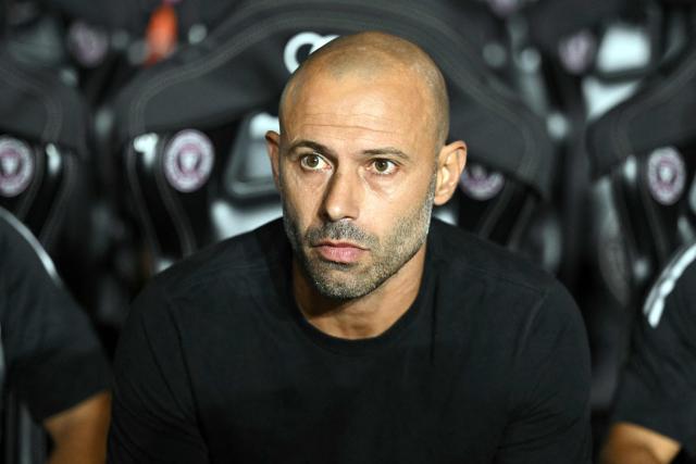Inter Miami's Argentine coach Javier Mascherano watches the Major League Soccer (MLS) playoff football match between Inter Miami and Nashville SC at Chase Stadium in Fort Lauderdale, Florida on November 8, 2025. (Photo by Chandan Khanna / AFP)