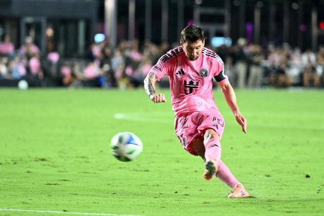 Inter Miami's Argentine forward #10 Lionel Messi shoots in an attempt to score during the Major League Soccer (MLS) playoff football match between Inter Miami and Nashville SC at Chase Stadium in Fort Lauderdale, Florida on November 8, 2025. (Photo by CHANDAN KHANNA / AFP)