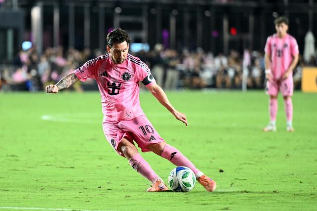 Inter Miami's Argentine forward #10 Lionel Messi shoots in an attempt to score during the Major League Soccer (MLS) playoff football match between Inter Miami and Nashville SC at Chase Stadium in Fort Lauderdale, Florida on November 8, 2025. (Photo by CHANDAN KHANNA / AFP)