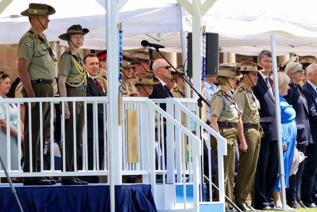 Britain's Princess Anne (2nd L), Princess Royal, inspects the Centenary Parade at Victoria Barracks in Sydney on November 9, 2025. Princess Anne is visiting Australia to mark the Centenary of the Royal Australian Corps of Signals. (Photo by Damian Shaw / POOL / AFP)
