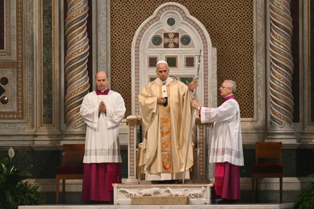 Pope Leo XIV presides over a mass at Saint John Lateran archbasilica in Rome, on November 9, 2025. (Photo by Alberto PIZZOLI / AFP)