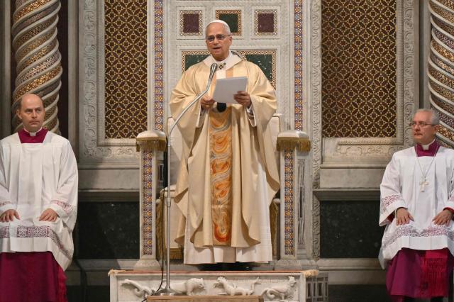 Pope Leo XIV presides over a mass at Saint John Lateran archbasilica in Rome, on November 9, 2025. (Photo by Alberto PIZZOLI / AFP)
