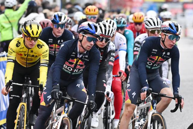 Riders including Red Bull-Bora-Hansgrohe rider Primoz Roglic of Slovenia (front L) compete in the Tour de France Saitama Criterium cycling race in Saitama on November 9, 2025. (Photo by GREG BAKER / AFP)