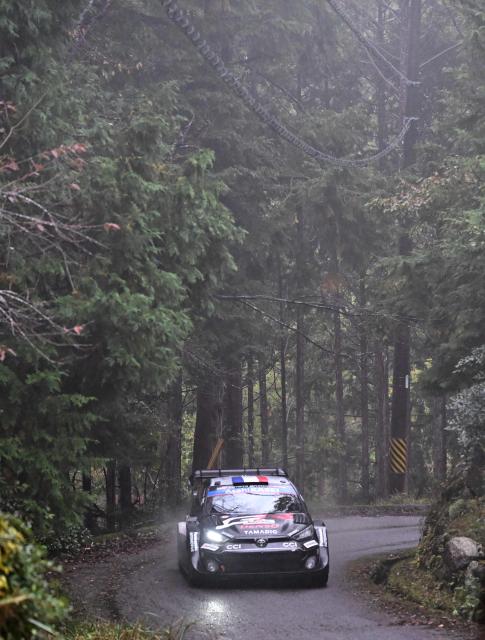 Sebastien Ogier and his co-driver Vincent Landais of France drive their Toyota GR Yaris Rally1?during the SS19 Nukata section of the Rally Japan, the 13th round of the FIA World Rally Championships, in Toyota city, Aichi prefecture on November 9, 2025. (Photo by Toshifumi KITAMURA / AFP)