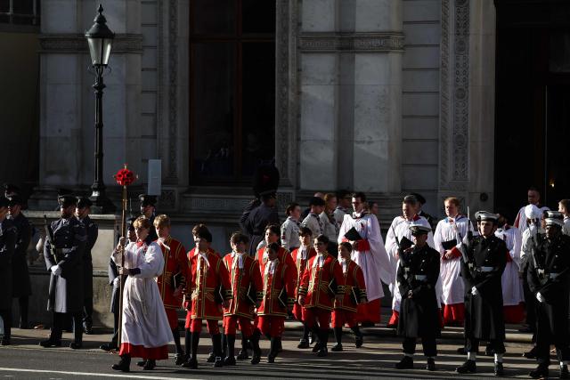 The children and gentlemen of the Chapel Royal attend the Remembrance Sunday ceremony at the Cenotaph on Whitehall in central London on November 9, 2025. Remembrance Sunday is an annual commemoration held on the closest Sunday to Armistice Day, November 11, the anniversary of the end of the First World War and services across Commonwealth countries remember servicemen and women who have fallen in the line of duty since WWI. (Photo by HENRY NICHOLLS / POOL / AFP)