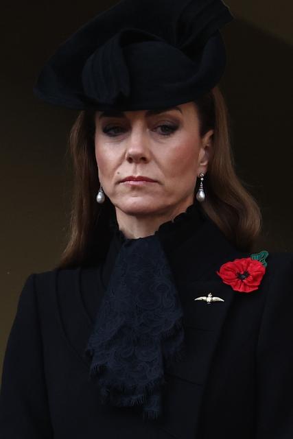 Britain's Catherine, Princess of Wales attends the Remembrance Sunday ceremony at the Cenotaph on Whitehall in central London on November 9, 2025. Remembrance Sunday is an annual commemoration held on the closest Sunday to Armistice Day, November 11, the anniversary of the end of the First World War and services across Commonwealth countries remember servicemen and women who have fallen in the line of duty since WWI. (Photo by HENRY NICHOLLS / POOL / AFP)