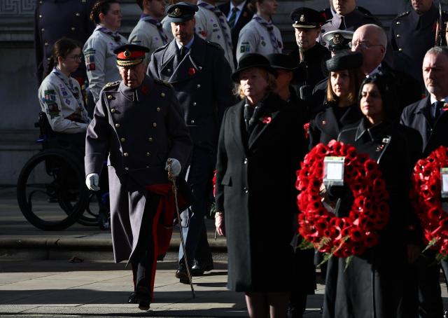 Britain's King Charles III (L) followed by Britain's Prince William, Prince of Wales (2L) and Britain's Prince Edward, Duke of Edinburgh attends the Remembrance Sunday ceremony at the Cenotaph on Whitehall in central London on November 9, 2025. Remembrance Sunday is an annual commemoration held on the closest Sunday to Armistice Day, November 11, the anniversary of the end of the First World War and services across Commonwealth countries remember servicemen and women who have fallen in the line of duty since WWI. (Photo by HENRY NICHOLLS / POOL / AFP)