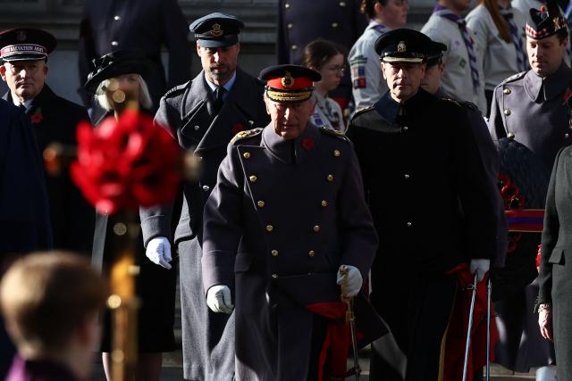 Britain's King Charles III (C) followed by Britain's Prince William, Prince of Wales (L) and Britain's Prince Edward, Duke of Edinburgh (R) attends the Remembrance Sunday ceremony at the Cenotaph on Whitehall in central London on November 9, 2025. Remembrance Sunday is an annual commemoration held on the closest Sunday to Armistice Day, November 11, the anniversary of the end of the First World War and services across Commonwealth countries remember servicemen and women who have fallen in the line of duty since WWI. (Photo by HENRY NICHOLLS / POOL / AFP)