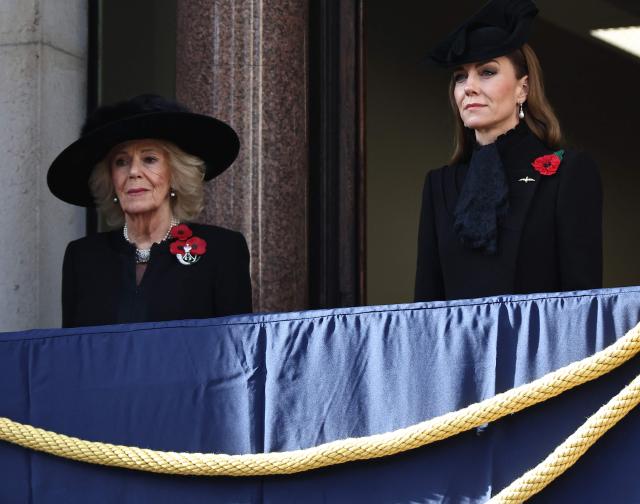 Britain's Queen Camilla (L) and Britain's Catherine, Princess of Wales (R) attend the Remembrance Sunday ceremony at the Cenotaph on Whitehall in central London on November 9, 2025. Remembrance Sunday is an annual commemoration held on the closest Sunday to Armistice Day, November 11, the anniversary of the end of the First World War and services across Commonwealth countries remember servicemen and women who have fallen in the line of duty since WWI. (Photo by HENRY NICHOLLS / POOL / AFP)