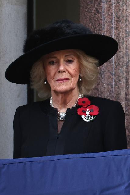 Britain's Queen Camilla attends the Remembrance Sunday ceremony at the Cenotaph on Whitehall in central London on November 9, 2025. Remembrance Sunday is an annual commemoration held on the closest Sunday to Armistice Day, November 11, the anniversary of the end of the First World War and services across Commonwealth countries remember servicemen and women who have fallen in the line of duty since WWI. (Photo by HENRY NICHOLLS / POOL / AFP)