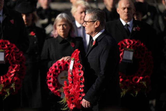 Britain's Prime Minister Keir Starmer lays a wreath during the Remembrance Sunday ceremony at the Cenotaph on Whitehall in central London on November 9, 2025. Remembrance Sunday is an annual commemoration held on the closest Sunday to Armistice Day, November 11, the anniversary of the end of the First World War and services across Commonwealth countries remember servicemen and women who have fallen in the line of duty since WWI. (Photo by Alastair Grant / POOL / AFP)