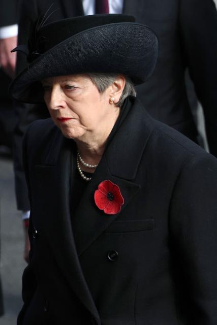 Former Prime Minister Theresa May attends the Remembrance Sunday ceremony at the Cenotaph on Whitehall in central London on November 9, 2025. Remembrance Sunday is an annual commemoration held on the closest Sunday to Armistice Day, November 11, the anniversary of the end of the First World War and services across Commonwealth countries remember servicemen and women who have fallen in the line of duty since WWI. (Photo by Chris Jackson / POOL / AFP)