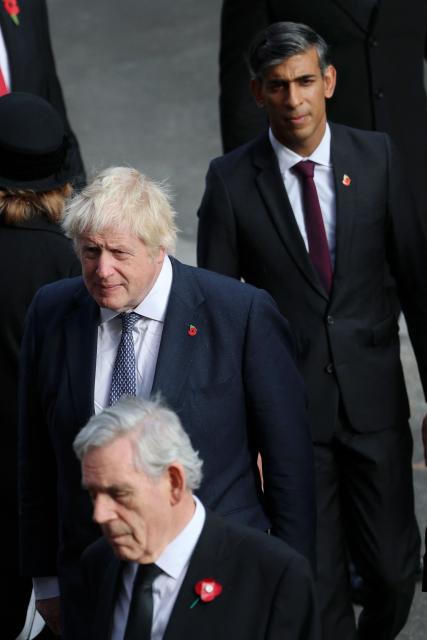Former Prime Ministers Boris Johnson, Gordon Brown and Rishi Sunak attend the Remembrance Sunday ceremony at the Cenotaph on Whitehall in central London on November 9, 2025. Remembrance Sunday is an annual commemoration held on the closest Sunday to Armistice Day, November 11, the anniversary of the end of the First World War and services across Commonwealth countries remember servicemen and women who have fallen in the line of duty since WWI. (Photo by Chris Jackson / POOL / AFP)