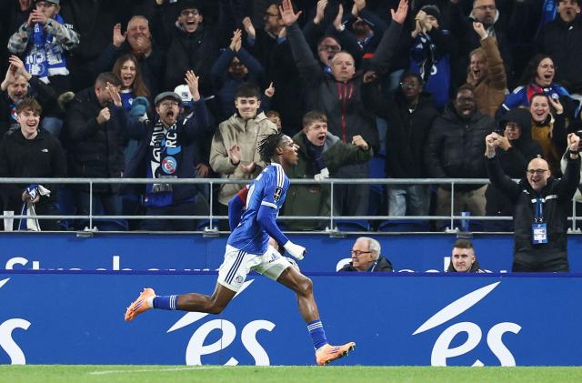 Strasbourg’s Dutch forward #10 Emanuel Emegha celebrates scoring his team's first goal during the French L1 football match between RC Strasbourg Alsace and Lille LOSC at the Stade de la Meinau in Strasbourg, eastern France, on November 9, 2025. (Photo by Frederick FLORIN / AFP)
