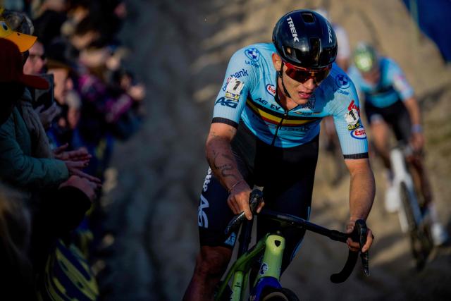 Belgium's rider Thibau Nys competes in the elite men race at the UEC Cyclocross European Championships in Middelkerke, on November 9, 2025. (Photo by JASPER JACOBS / Belga / AFP) / Belgium OUT
