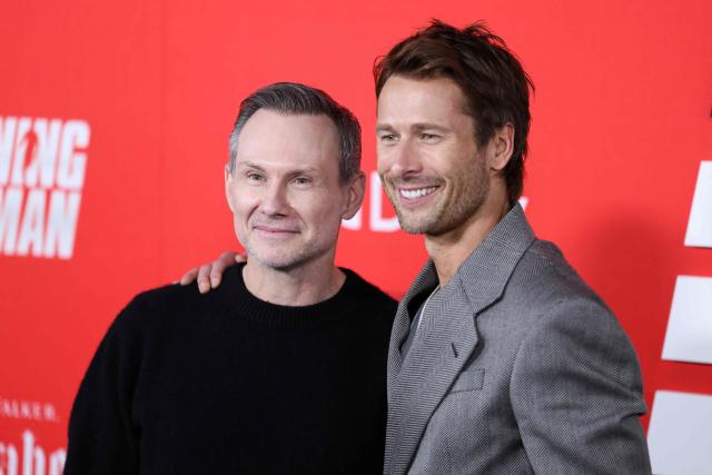 US actors Glen Powell (R) and Christian Slater attend the New York Premiere of Paramount's "The Running Man" at AMC Lincoln Square Theater in New York City on November 09, 2025. (Photo by CHARLY TRIBALLEAU / AFP)