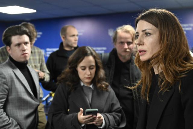 Ukraine's Minister of Energy Svitlana Grynchuk (R) speaks with journalists during a press conference at the Ministry of Energy of Ukraine in Kyiv on November 10, 2025, amid the Russian invasion of Ukraine. Ukraine's anti-corruption agency said on November 10, 2025 it was conducting large-scale raids targeting the country's energy sector - an operation that comes after months of infighting over Kyiv's anti-graft efforts. (Photo by Genya SAVILOV / AFP)