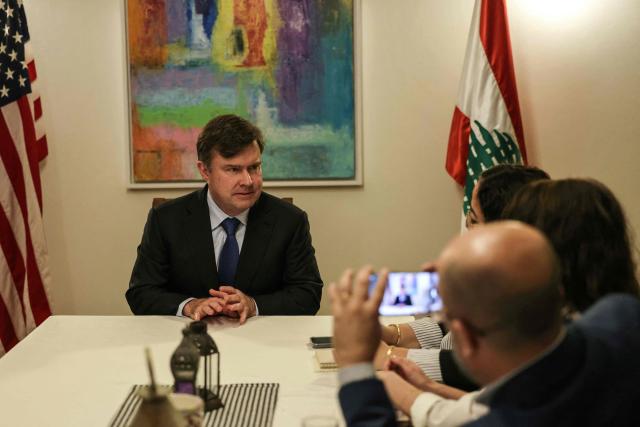 US Assistant Secretary for Terrorist Financing and Financial Intelligence at the US Treasury Department John Hurley, speaks during an interview with a number of journalists, at the US Embassy in Awkar, north of the Lebanese capital Beirut on November 10, 2025. During his visit on November 10, 2025, Hurley said that his country was 'very serious' about halting the flow of money from Iran to the Iran-backed Hezbollah group. (Photo by Anwar AMRO / AFP)