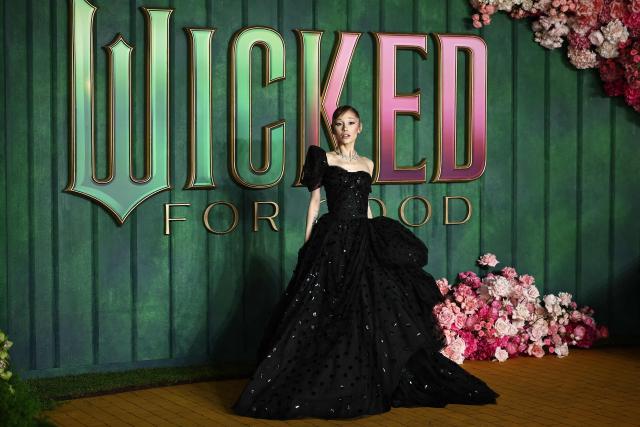 US actor Ariana Grande poses on the red carpet upon arrival for the European premiere of the film "Wicked: For Good" in central London on November 10, 2025. (Photo by HENRY NICHOLLS / AFP)