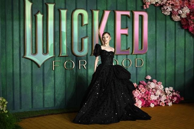 US actor Ariana Grande poses on the red carpet upon arrival for the European premiere of the film "Wicked: For Good" in central London on November 10, 2025. (Photo by HENRY NICHOLLS / AFP)