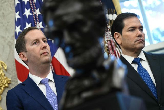 Newly appointed Ambassador to India Sergio Gor (L) and US Secretary of State Marco Rubio looks on during a swearing-in ceremony in the Oval Office of the White on November 10, 2025 in Washington, DC. (Photo by Brendan SMIALOWSKI / AFP)