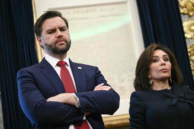 US Vice President JD Vance (L) and US Attorney for the District of Columbia Jeanine Pirro look on during a swearing-in ceremony for the newly appointed Ambassador to India Sergio Gor in the Oval Office of the White on November 10, 2025 in Washington, DC. (Photo by Brendan SMIALOWSKI / AFP)