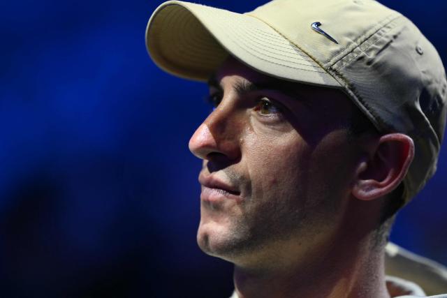 Italian cyclist Giulio Ciccone is pictured at the end of the match between Italy's Jannik Sinner and Canada's Felix Auger-Aliassime at the ATP Finals tennis tournament in Turin on November 10, 2025. (Photo by Marco BERTORELLO / AFP)