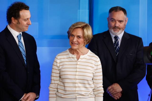Chile's presidential candidate Evelyn Matthei of the Independent Democratic Union arrives to take part in a presidential debate at TVN national channel in Santiago on November 10, 2025. (Photo by Raul BRAVO / AFP)