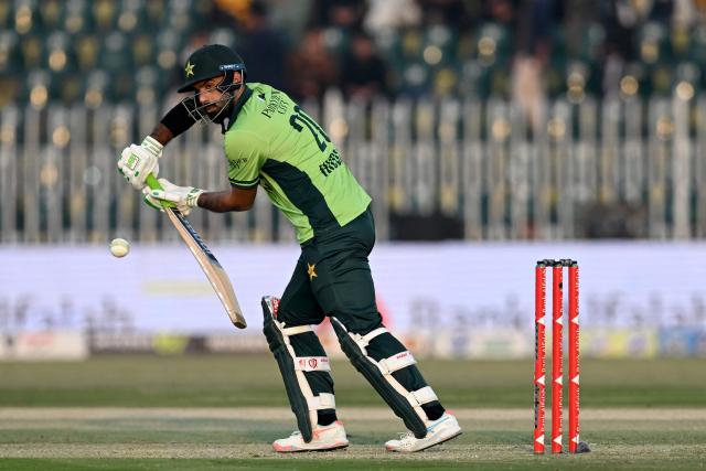 Pakistan's Hussain Talat plays a shot during the first one-day international (ODI) cricket match between Pakistan and Sri Lanka at the Rawalpindi Cricket Stadium in Rawalpindi on November 11, 2025. (Photo by Aamir QURESHI / AFP)