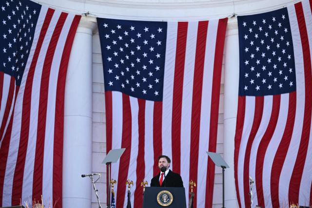US Vice President JD Vance speaks during a Veterans Day ceremony at Arlington National Cemetery in Arlington, Virginia on November 11, 2025. (Photo by Brendan SMIALOWSKI / AFP)