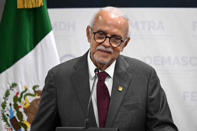 The governor of the state of Nayarit, Miguel Angel Navarro, speaks during a press conference to present results on the "Mega Operativo Nuevo Nayarit" at the Specialized Prosecutor's Office for Organized Crime (FEMDO) building in Mexico City on November 11, 2025. (Photo by Yuri CORTEZ / AFP)