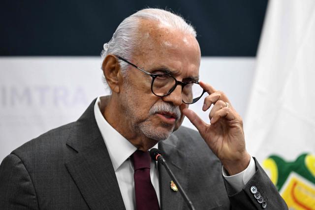 The governor of the state of Nayarit, Miguel Angel Navarro, speaks during a press conference to present results on the "Mega Operativo Nuevo Nayarit" at the Specialized Prosecutor's Office for Organized Crime (FEMDO) building in Mexico City on November 11, 2025. (Photo by Yuri CORTEZ / AFP)