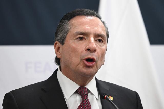 Nayarit State Attorney General Gabriel Camarena Morales speaks during a press conference to present results on the "Mega Operativo Nuevo Nayarit" at the Specialized Prosecutor's Office for Organized Crime (FEMDO) building in Mexico City on November 11, 2025. (Photo by Yuri CORTEZ / AFP)