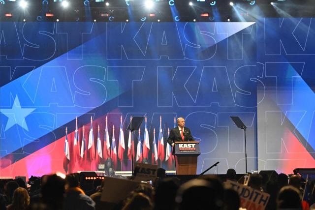 Chile's presidential candidate Jose Antonio Kast of the Republican Party speaks during his closing campaign rally at Movistar Arena in Santiago on November 11, 2025. Chile will hold the presidential election on November 16, 2025. (Photo by Marvin RECINOS / AFP)
