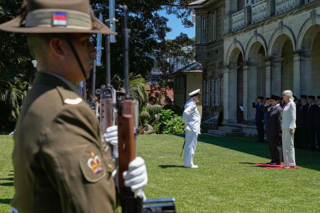 Indonesia's President Prabowo Subianto (2nd R) inspects a guard of honour with Australia's Governor General Sam Mostyn (R) at Admiralty House in Sydney on November 12, 2025. (Photo by Rick Rycroft / POOL / AFP)