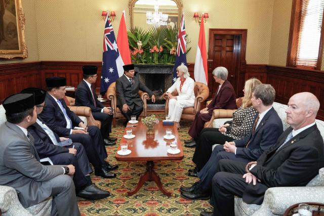 Indonesia's President Prabowo Subianto (centre, L) meets with Australia's Governor General Sam Mostyn (centre, R) at Admiralty House in Sydney on November 12, 2025. (Photo by Rick Rycroft / POOL / AFP)