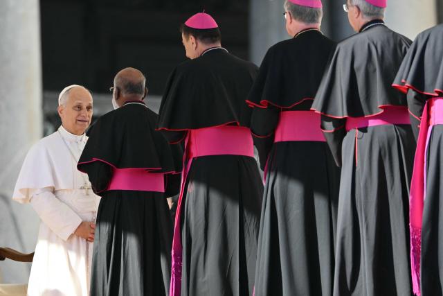 Pope Leo XIV is greeted by clergymen as he arrives for his weekly general audience at St. Peter square in the Vatican on November 12, 2025. (Photo by Alberto PIZZOLI / AFP)