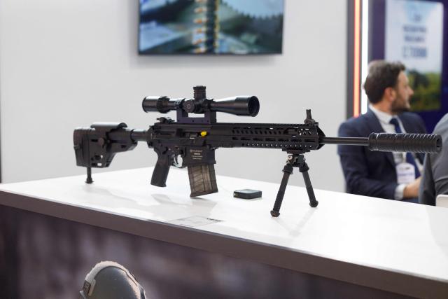 A KMR762 marksman rifle from the Turkish company Kalekalip is displayed during the Bamex 25 Defense expo in Bamako, on November 11, 2025. (Photo by AFP)
