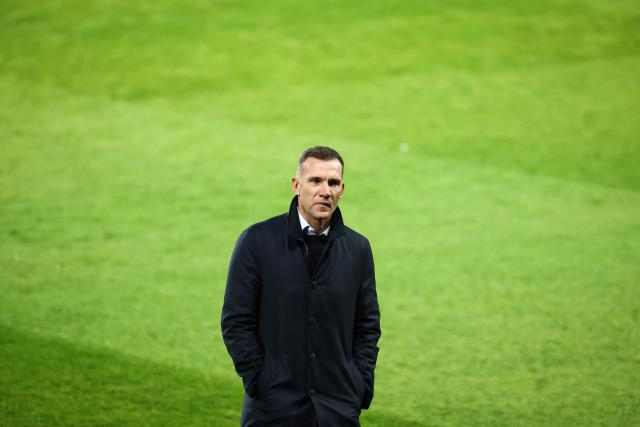 Ukrainian former football player Andriy Shevchenko attends Ukraine's training session at the Parc des Princes stadium, in Paris, on November 12, 2025 on the eve of the FIFA World Cup 2026 Group D European qualification football match against France. (Photo by FRANCK FIFE / AFP)