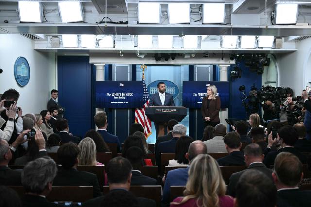 (L/R) FBI Director Kash Patel speaks alongside White House Press Secretary Karoline Leavitt during a press briefing in the Brady Briefing Room of the White House in Washington, DC, on November 12, 2025. (Photo by Brendan SMIALOWSKI / AFP)